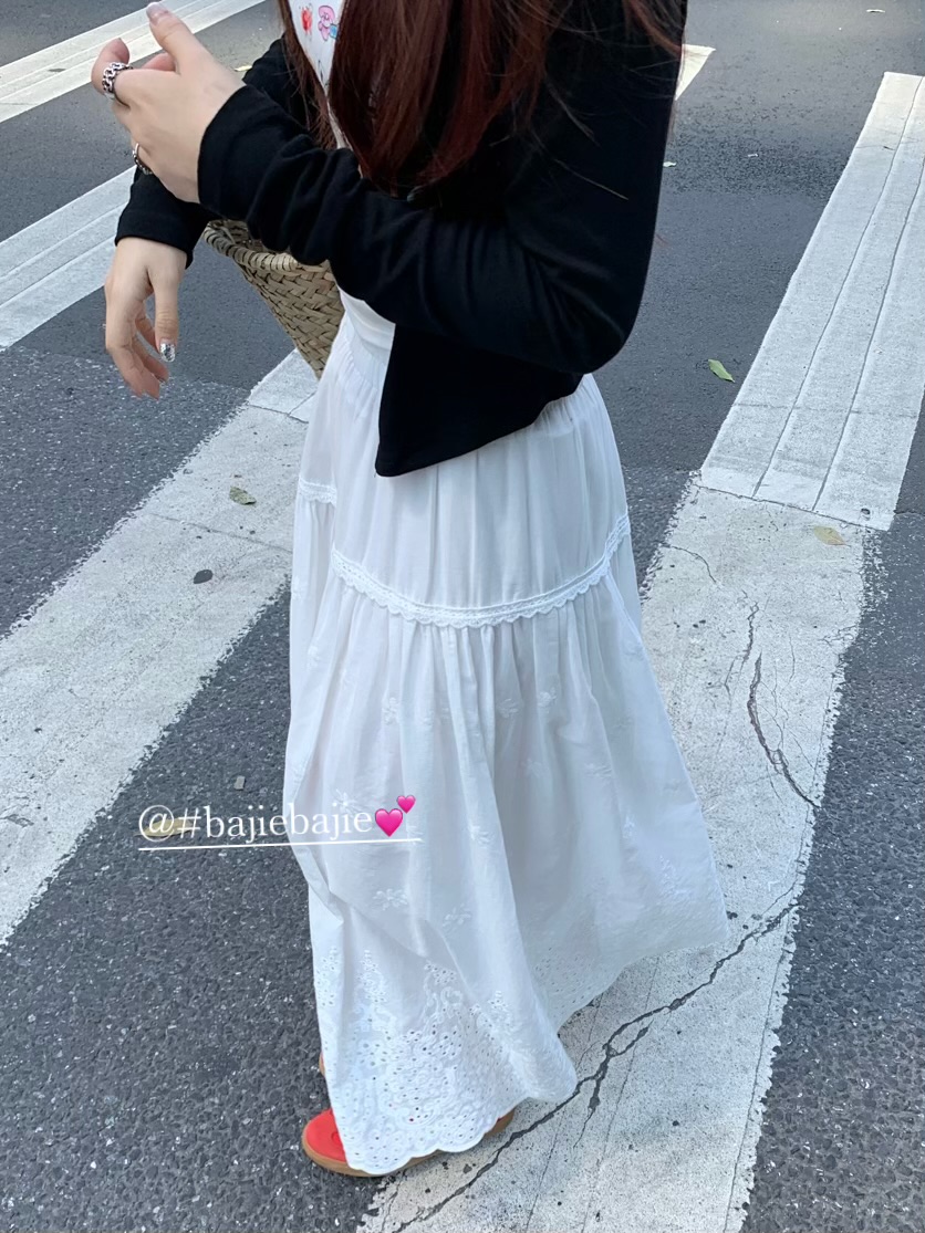 實拍 新款韓系蕾絲重工鈎花刺繡修身顯瘦百搭A字半身長裙