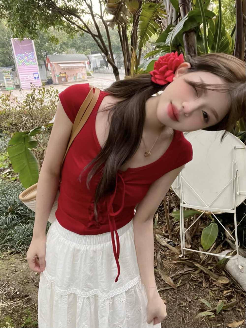 實拍三標齊圓領短袖T恤女收腰綁帶顯瘦上衣+高腰半身裙女