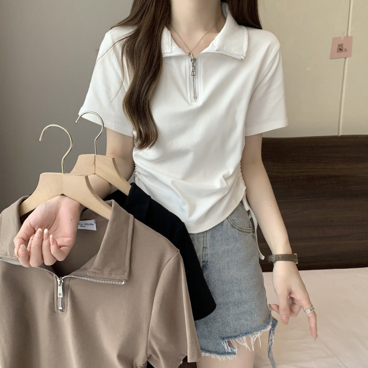 POLO領拉鏈正肩短袖t恤女夏季設計感抽繩修身短款上衣潮