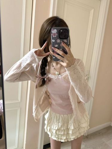 Japanese Retro Sweet Girl Fashion Knit Sweater Women 2024 Spring Fitted Slimming Short-Sleeve Cardigan Top Thin Jacket