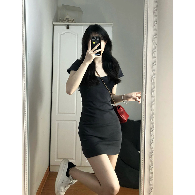 辣妹U領短袖連衣裙女夏季ins潮純欲風性感顯瘦收腰包臀T恤短裙子