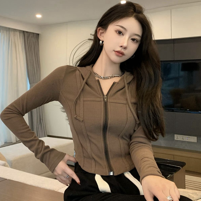 辣妹甜辣風短款連帽T恤外套女秋修身不規則別致長上衣