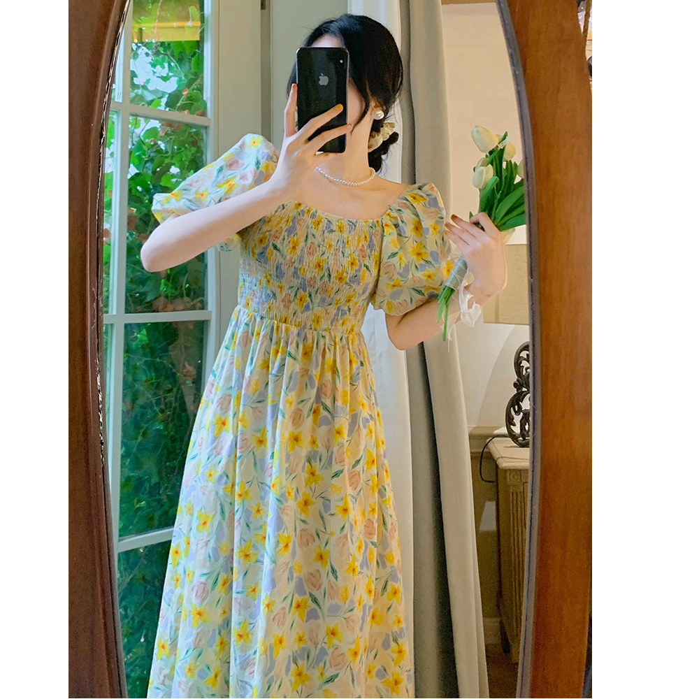 韓國夏季新款小香女風名媛一字領泡泡短袖鬆緊腰碎花顯瘦連衣裙