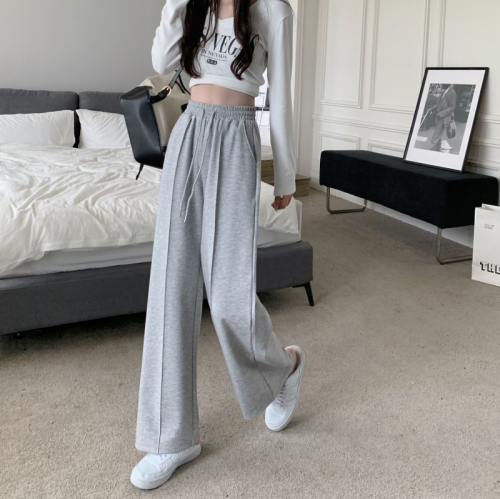 Spring and autumn new style gray sports pants for women, wide-leg pants, loose, tall and slim, drawstring, casual drape straight trousers