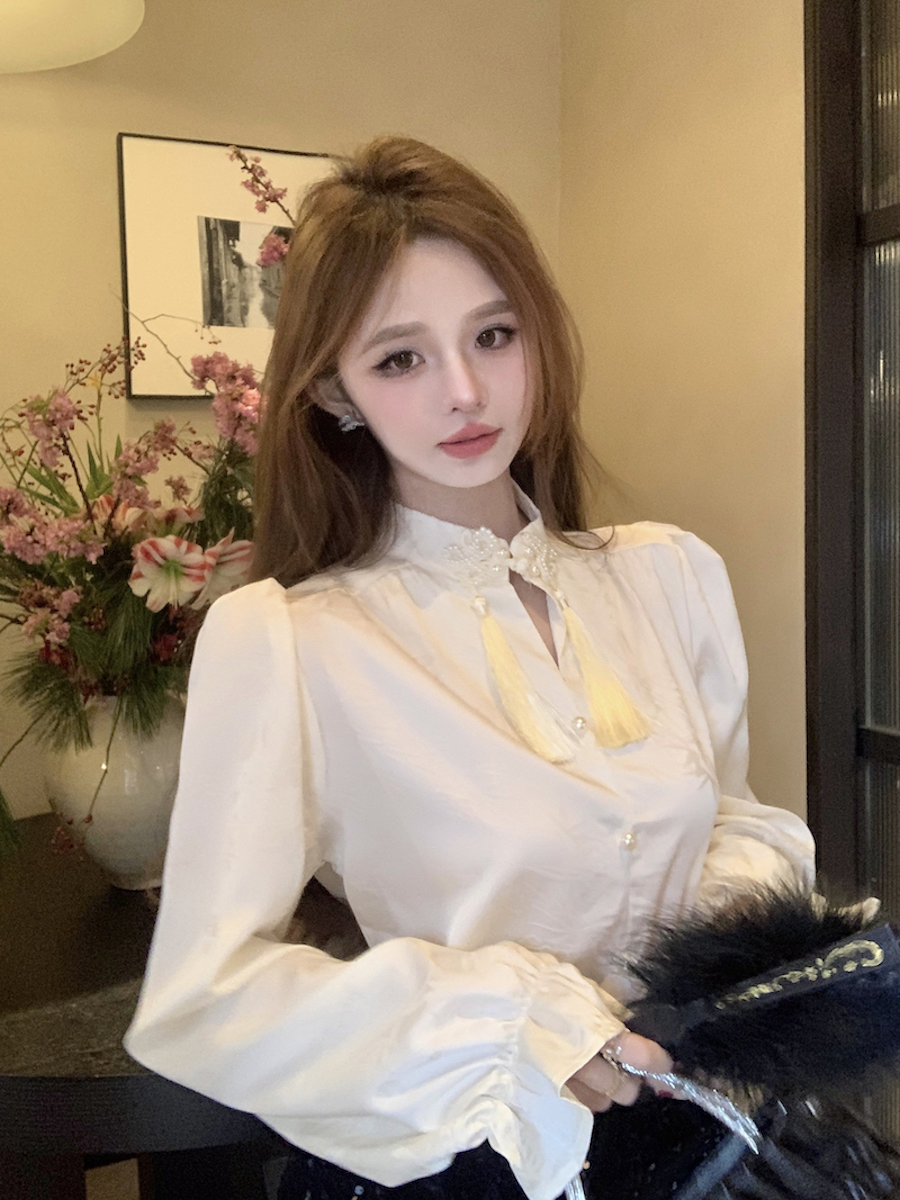 實拍 早春上衣時尚國風半開領盤扣喇叭袖印花襯衣百搭減齡小衫