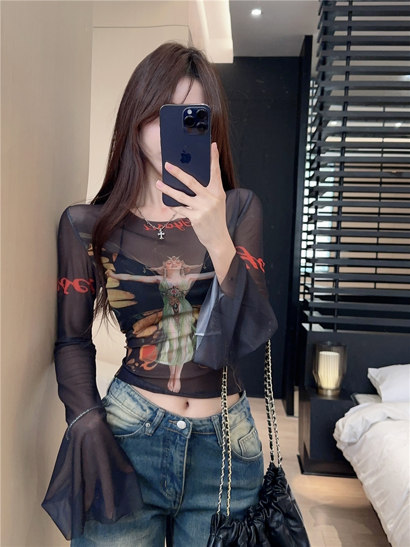 實拍~2024春季新款辣妹人像圖案印花網紗短款T恤打底衫上衣女