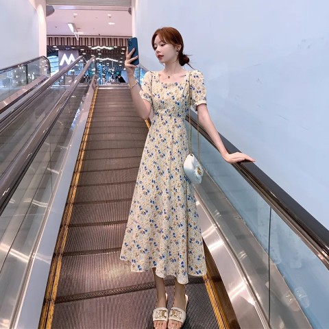 韓國泡泡袖碎花方領顯瘦時尚小清新雪紡短袖中長款連衣裙夏季新款