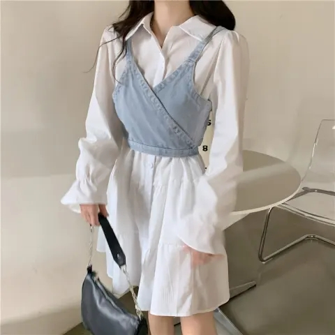 春季薄款2024新款復古收腰設計感長袖polo領牛仔吊帶裙子女兩件套