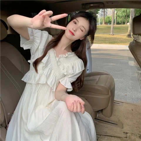 雪紡連衣裙女夏季2024春款很仙的設計感交叉V領溫柔風短袖長裙子