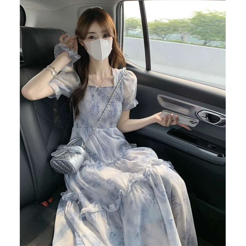 溫柔風茶歇法式桔梗長裙2024夏季氣質仙女超仙收腰方領碎花連衣裙