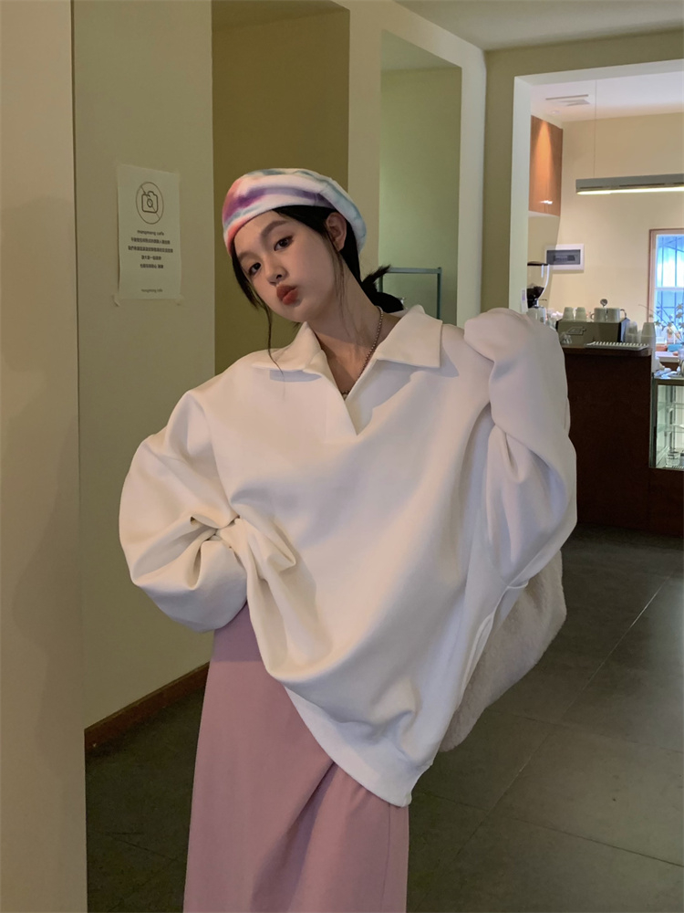 大碼胖MM衛衣女裝早秋新款韓系慵懶風oversize寬鬆長袖polo領上衣