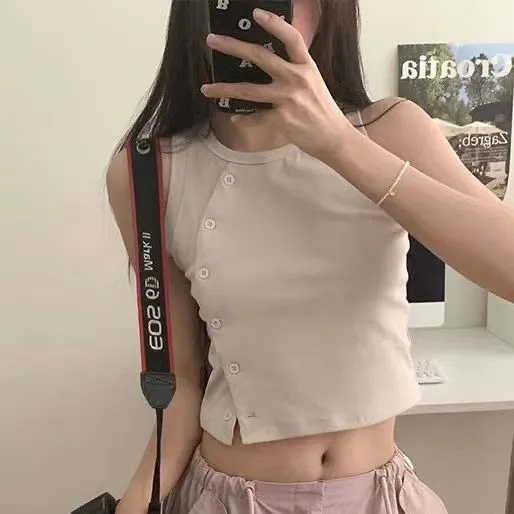 港味chic街頭風超火甜辣妹小背心女夏設計感小眾紐扣短款吊帶