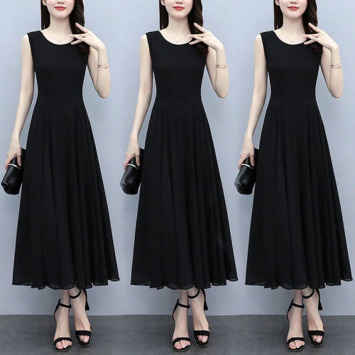 2024夏季新款高档无袖黑色气质连衣裙女装洋气显瘦遮肚长款长裙子