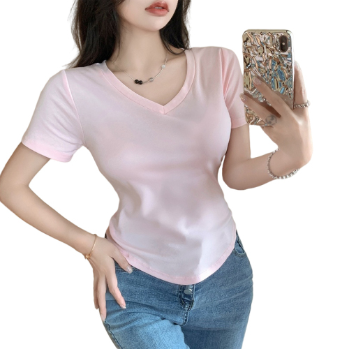 Real shot Summer new V-neck pure cotton slim fit T-shirt for women pure desire versatile design niche top ins