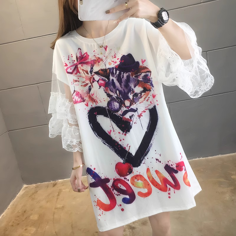 首發實拍牛奶絲夏季慵懶風中長款潮流印花蕾絲短袖T恤女