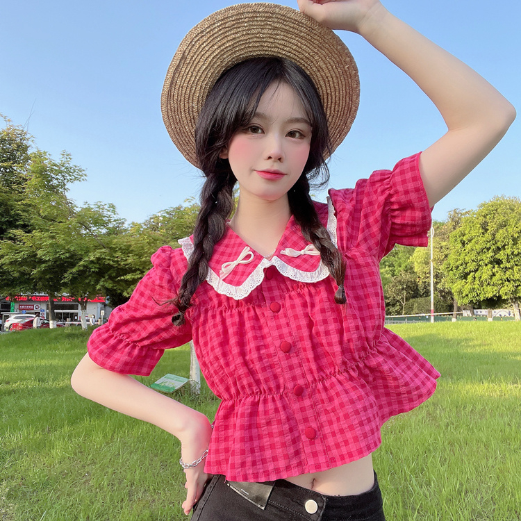 日系可愛蝴蝶結娃娃領短袖襯衫女夏季天小個子短款設計感小眾上衣