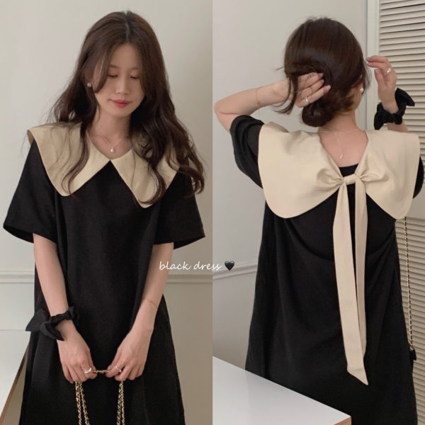 Summer new Korean style niche design front and back large bow contrasting color doll collar slim dress