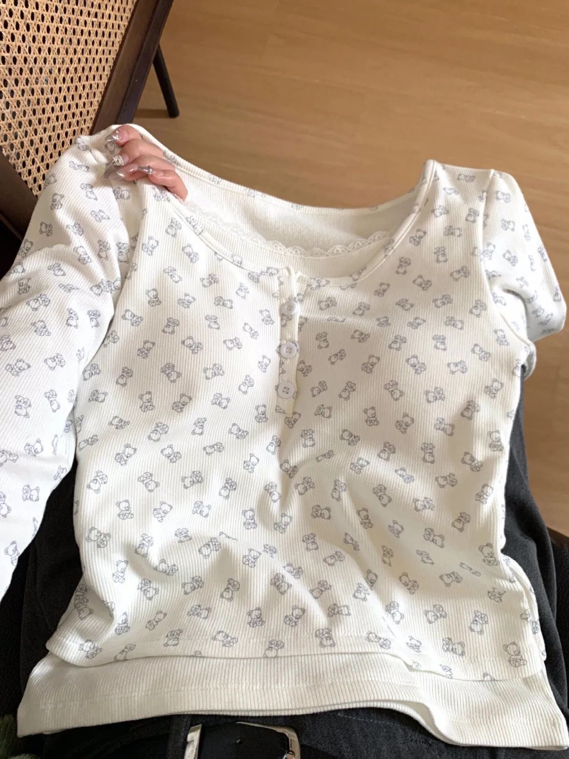 BM蕾絲長袖新款小熊少女假兩件純欲印花T恤修身顯瘦打底上衣