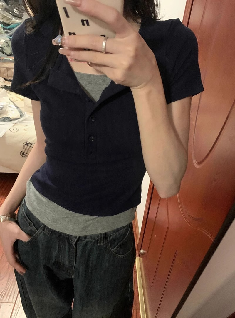 韓版超好看假兩件紐扣短袖t恤女夏季修身顯瘦別致休閒百搭上衣潮