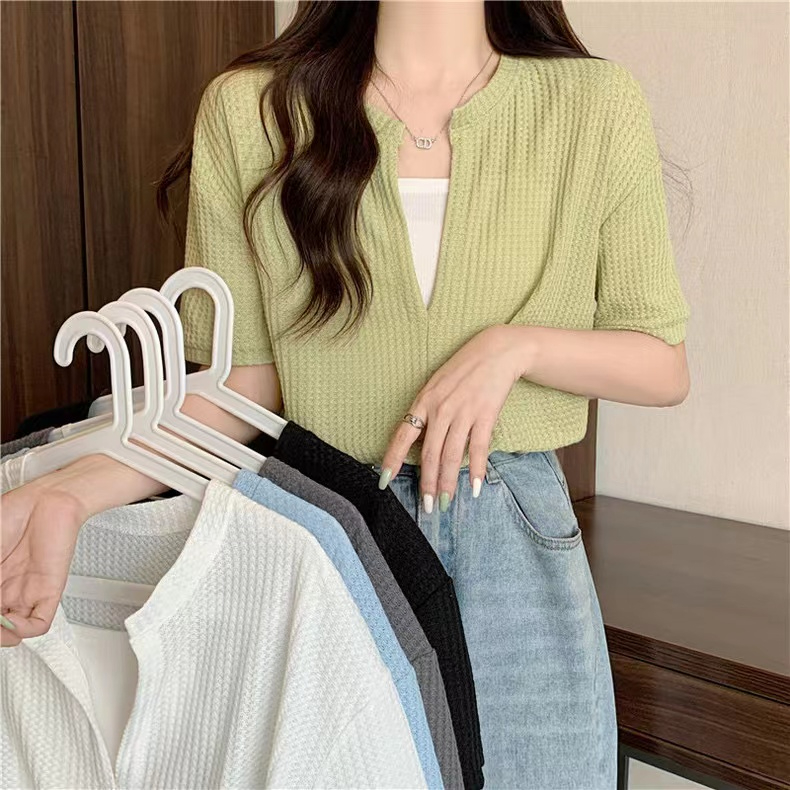 Real shot of waffle fake two-piece short-sleeved tops T-shirt