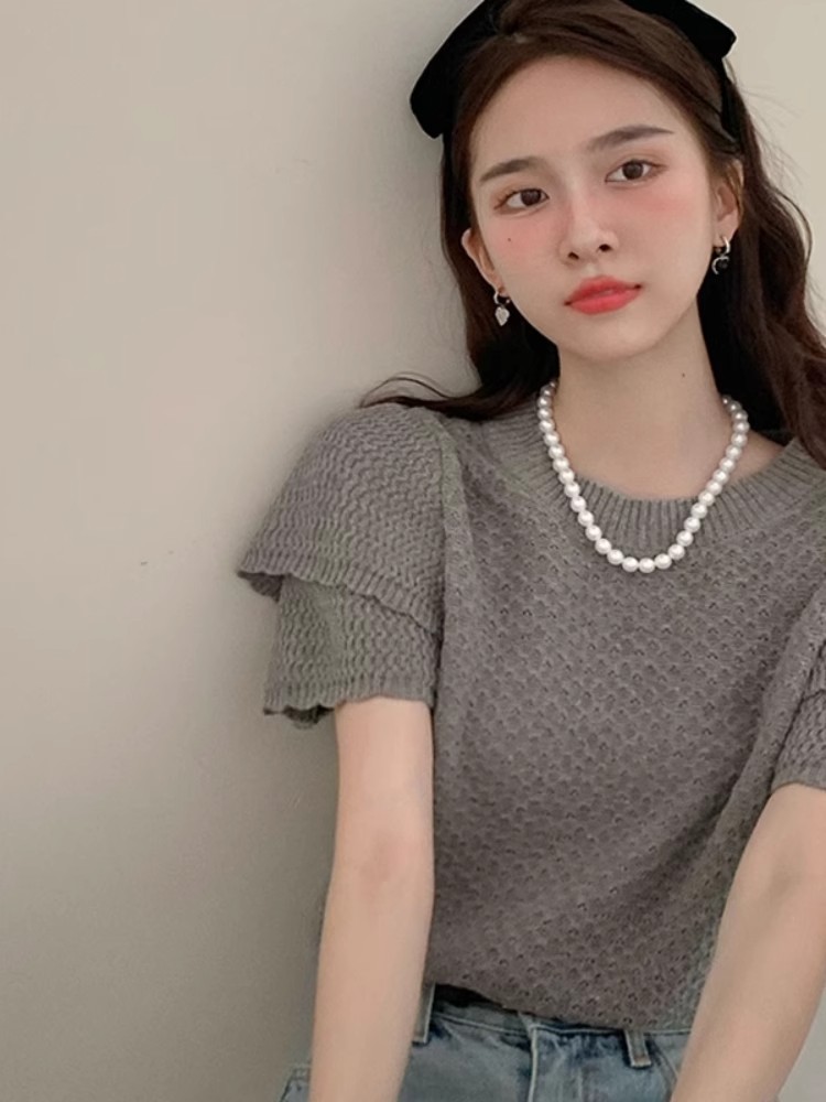 正肩針織衫短袖女夏季法式復古小香風雙層泡泡袖圓領寬鬆顯瘦上衣