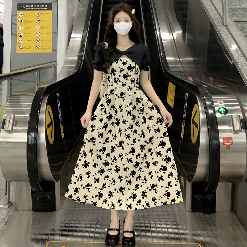 法式乾枯玫瑰碎花連衣裙女夏季新款女裝氣質顯瘦假兩件長裙子