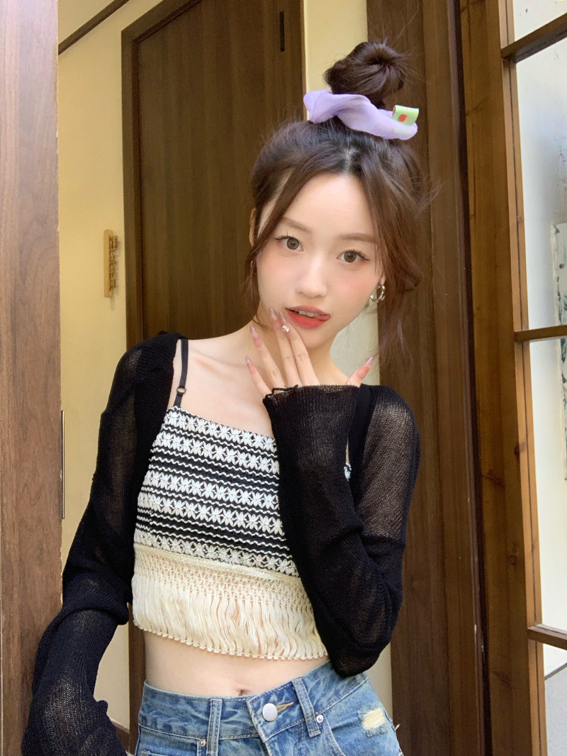 實拍~春夏新款甜美復古氣質流蘇提花小吊帶+防曬針織罩衫