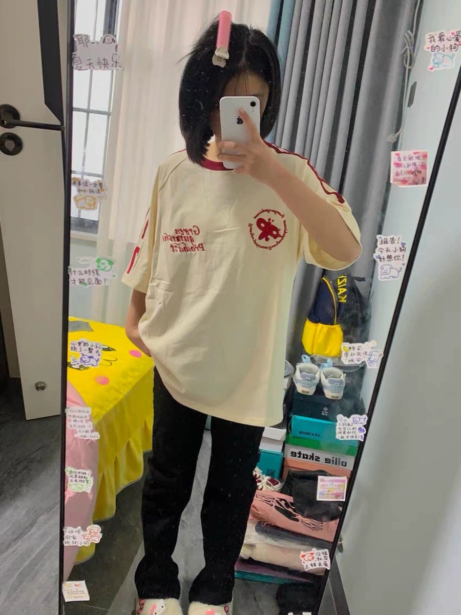 美式復古設計感字母蝴蝶結2024春季新款條紋寬鬆短袖三條槓T恤