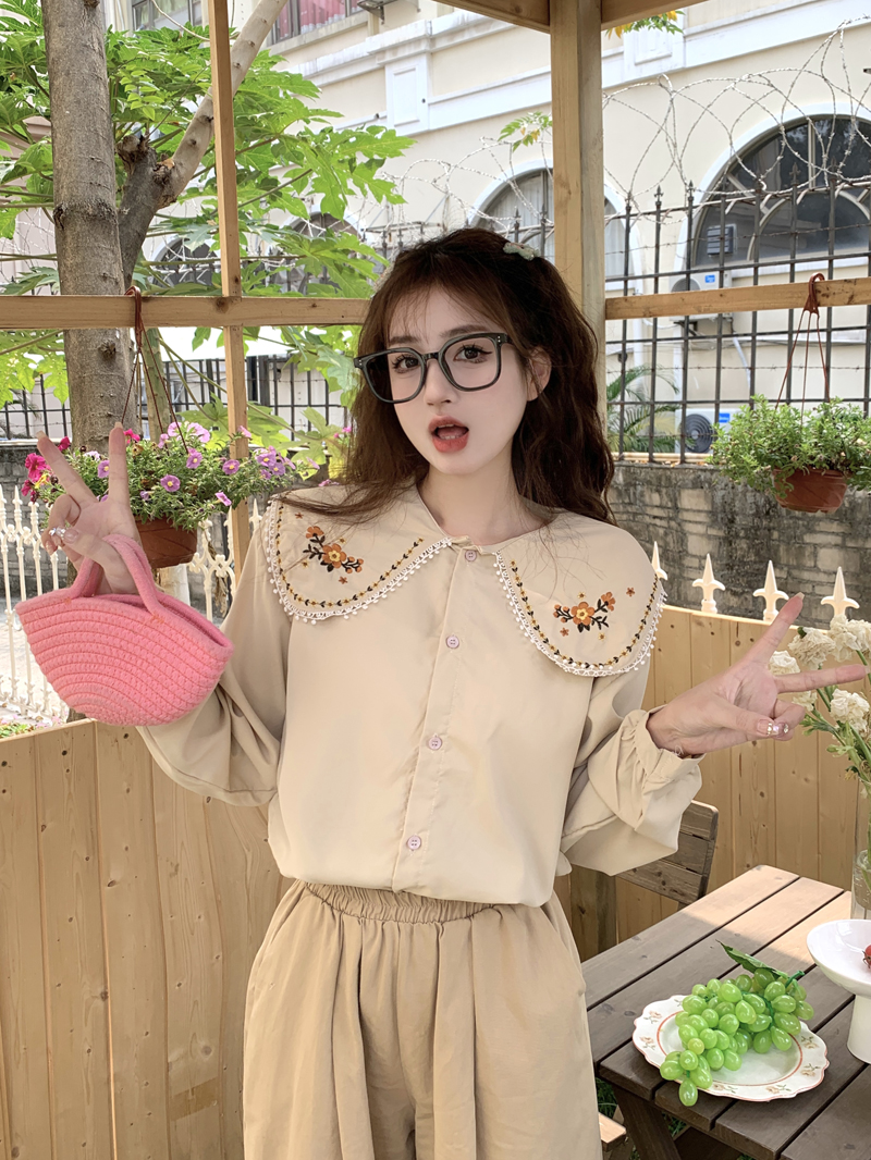 實拍 娃娃領襯衫女款設計感小眾刺繡長袖別致上衣內搭外穿