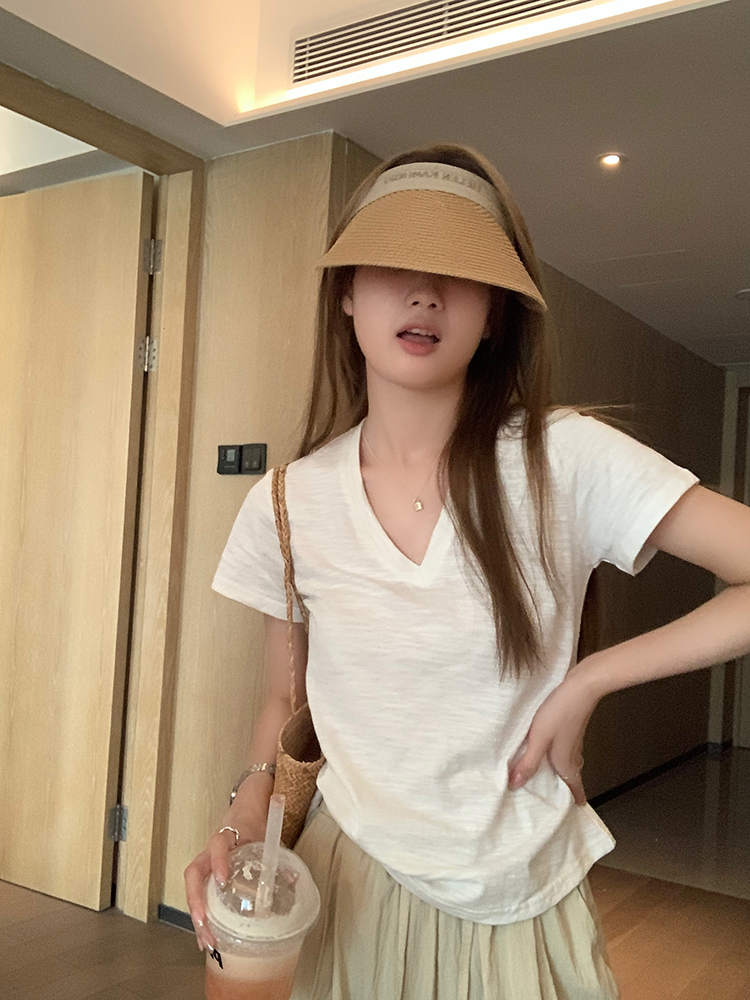 竹節棉V領白色短袖t恤女基礎款韓版百搭薄款寬鬆休閒上衣夏季體恤