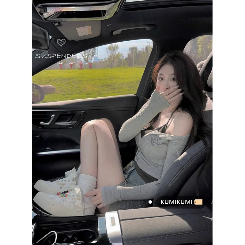純欲風假兩件長袖T恤女2024春季辣妹修身打底衫短款上衣