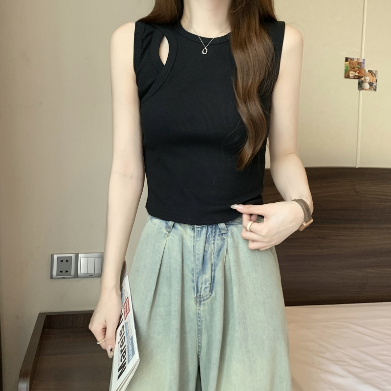 實拍   2024夏裝黑色背心女鏤空彈力別致上衣