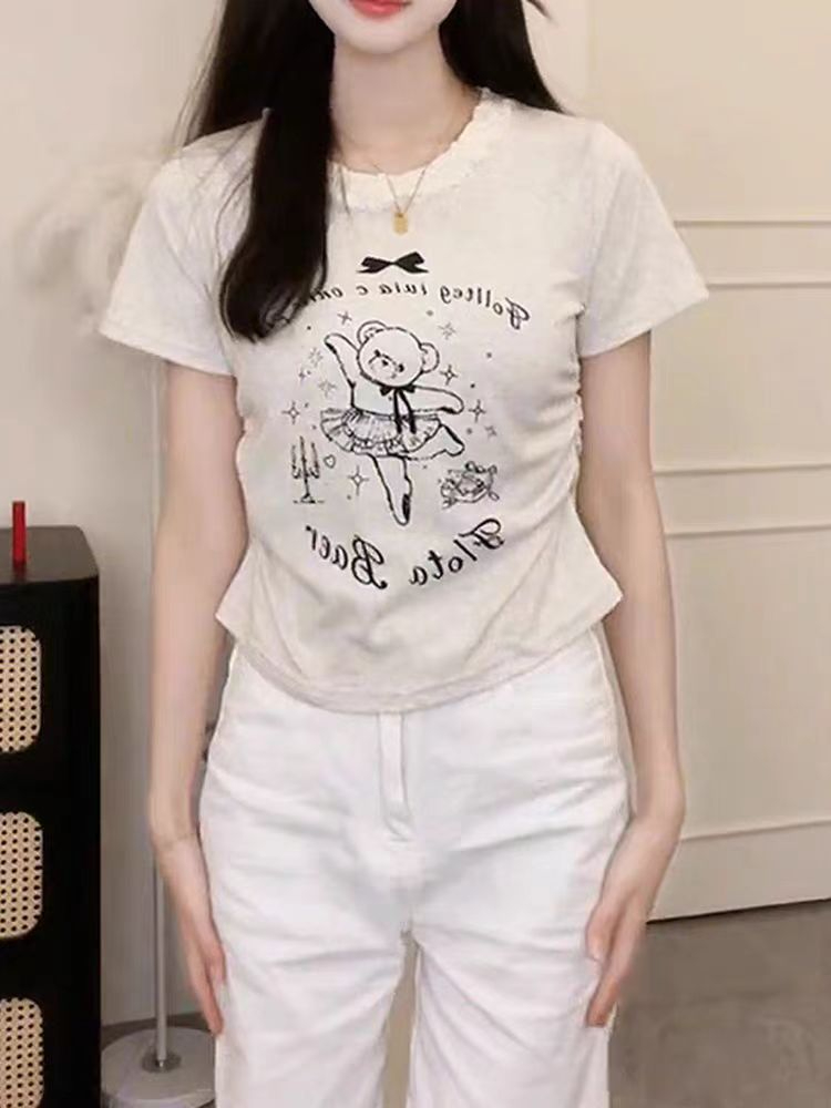 40支純棉羅紋92棉8氨綸夏季新款小眾蕾絲邊辣妹短袖