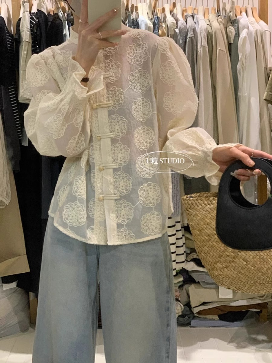法式新中式國風盤扣提花刺繡百搭長袖襯衫女高級感輕奢喇叭袖襯衣