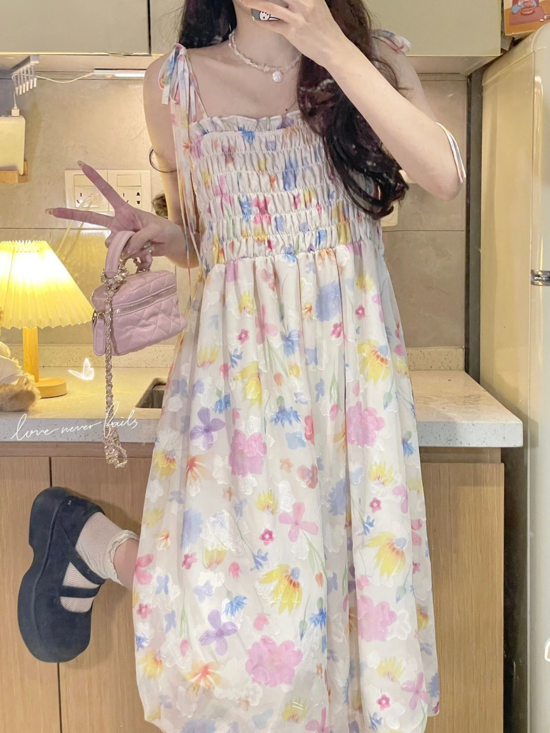 甜美復古溫柔碎花桔梗吊帶裙花苞小個子小眾長裙顯瘦連衣裙