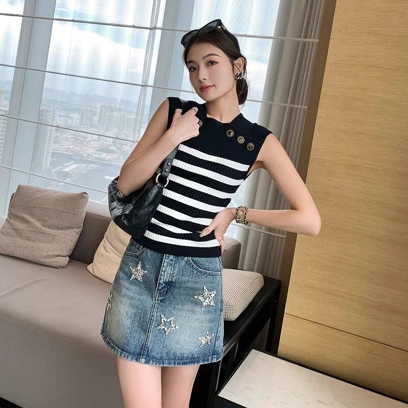 小香風高級感無袖背心女紐扣撞色條紋修身顯瘦氣質百搭針織衫上衣