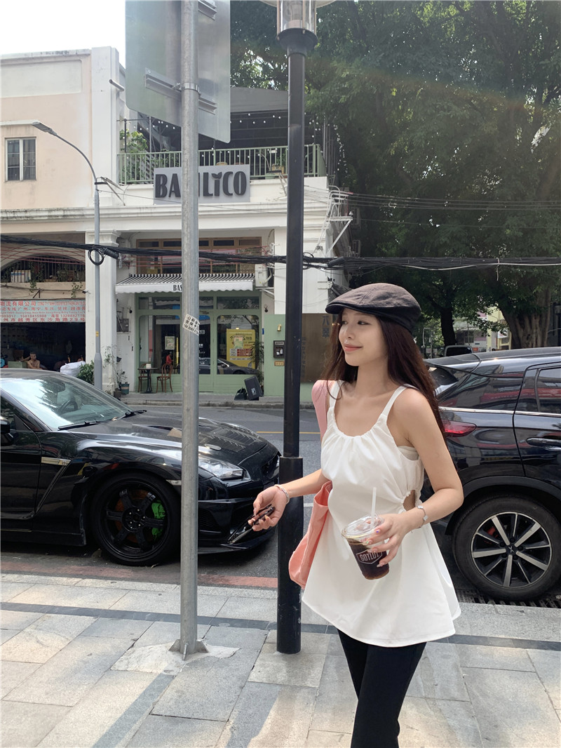 實拍韓系ins露腰純色甜美辣妹小眾外穿吊帶背心上衣