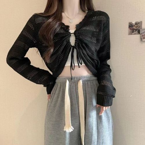 Hollow Knit V-Neck Top 2024 New Style Fitted Short Sleeve Long-Sleeve Outerwear Top
