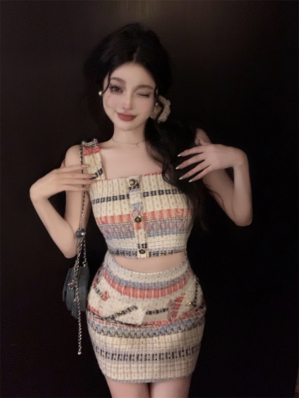 實拍 小香風辣妹法式吊帶背心上衣+高腰包臀半身短裙子套裝