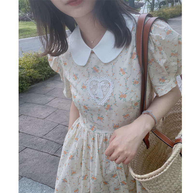 原版做工2024年夏季新款娃娃領碎花印花設計感女碎花連衣裙子