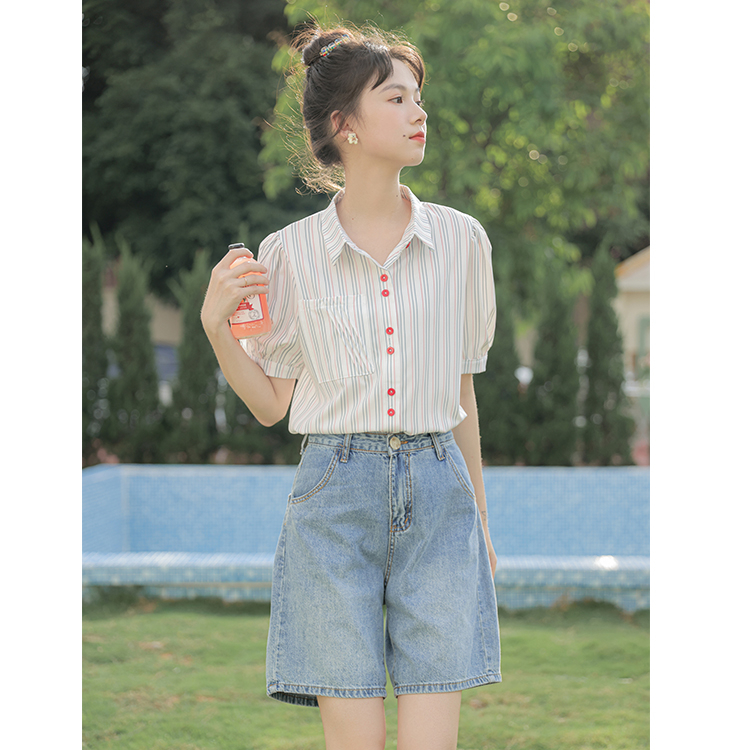 實拍泡泡袖上衣女夏新款設計感小眾法式條紋襯衫時尚減齡洋氣女裝