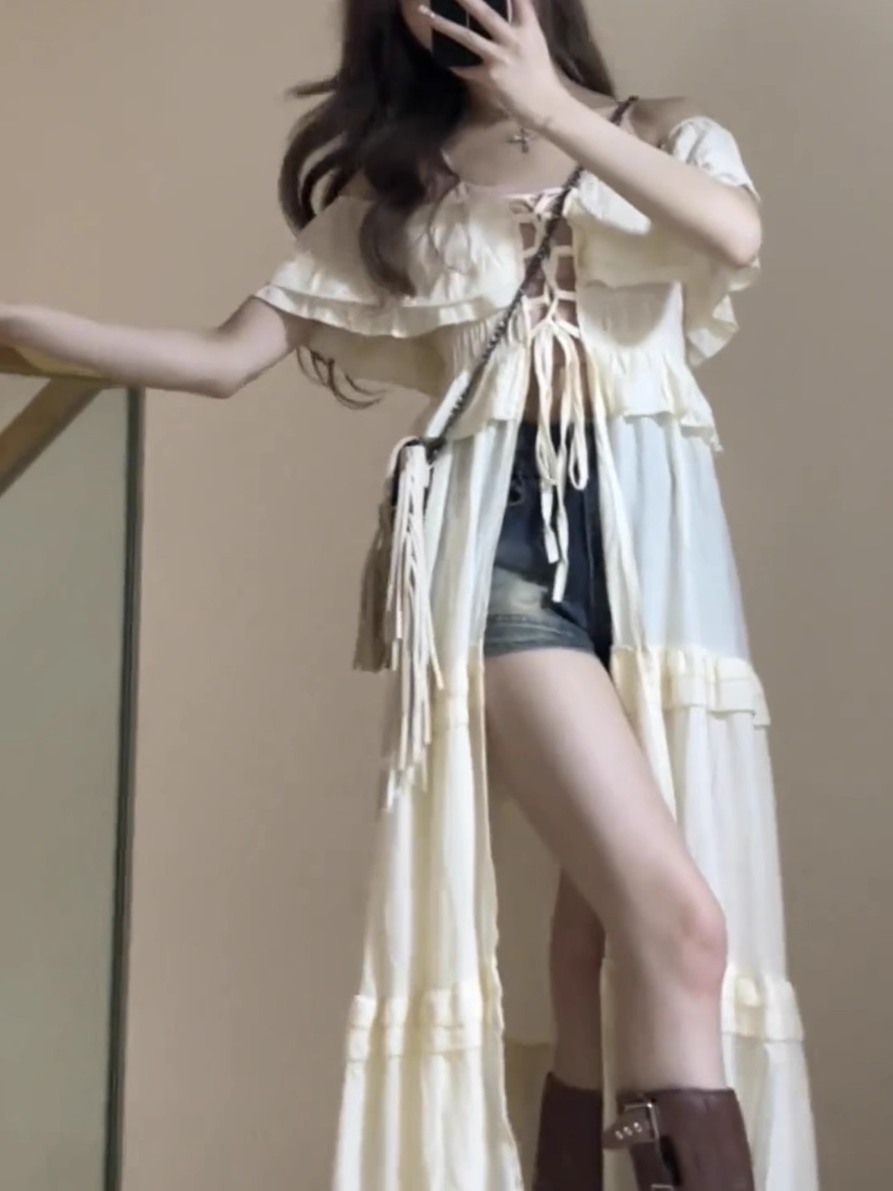 一字肩荷葉邊連衣裙女夏季海邊度假風罩衫疊穿長款外搭設計感裙子