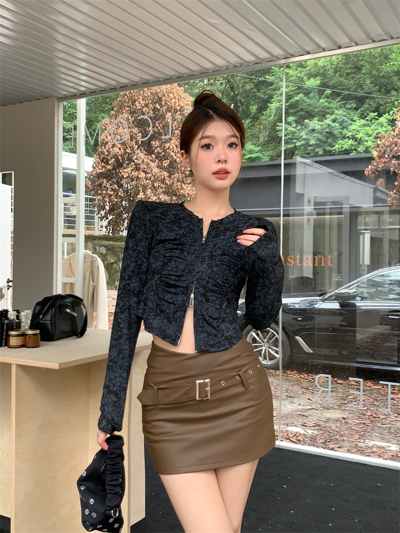 實拍  春季辣妹小眾設計感褶皺雙拉鏈不規則長袖上衣