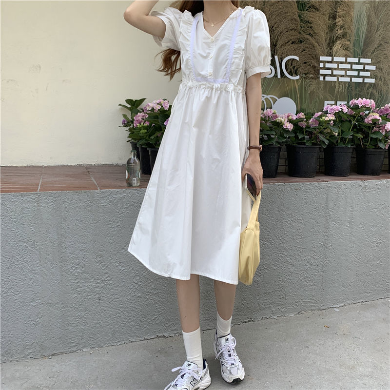 4夏裝復古法式V領收腰顯瘦中長款撞色袖泡泡短袖連衣裙子女