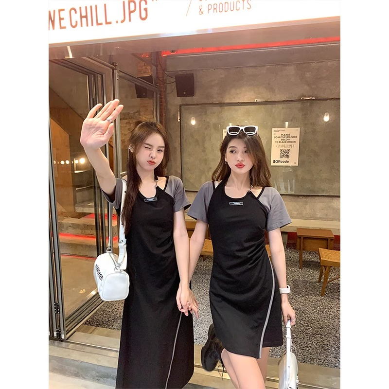 胖妹妹顯瘦掛脖設計感閨蜜小黑裙短袖連衣裙女夏