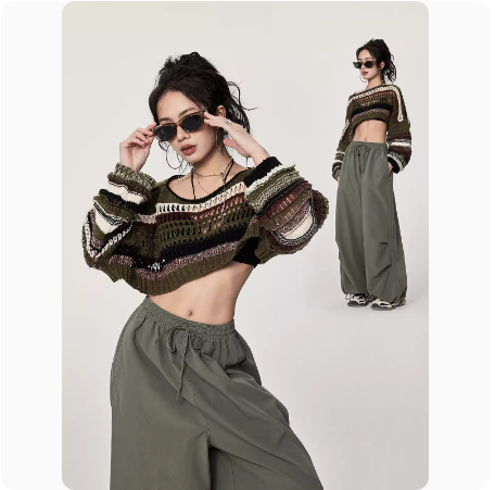 NGOO hollow loose pullover blouse green striped short navel-baring half hot girl sweater sweater for women spring and summer