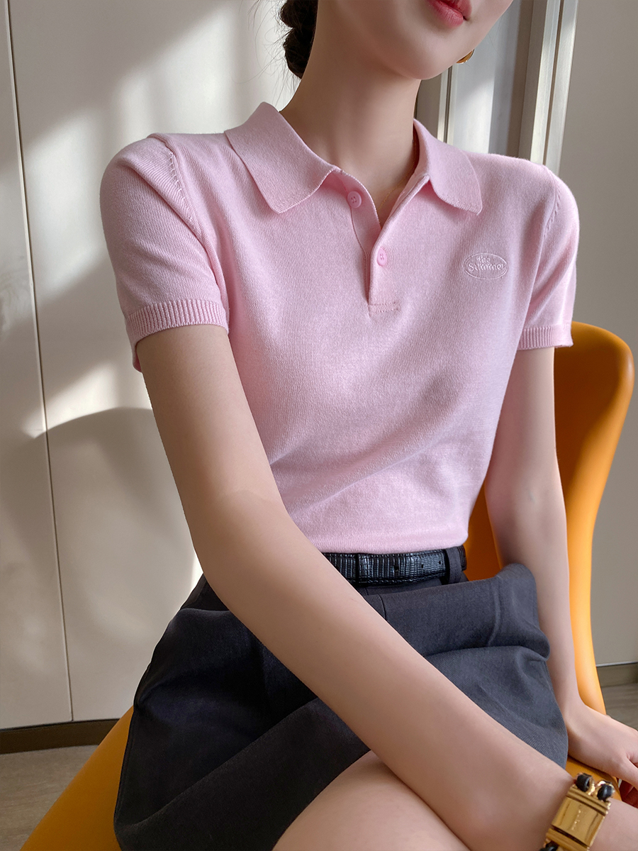 PINKEEN粉色polo領短袖針織T恤女夏季2024新款學院風時尚通勤上衣