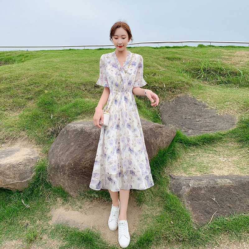 紫色小清新碎花雪紡連衣裙女新款夏季收腰顯瘦英倫風a字裙子氣質