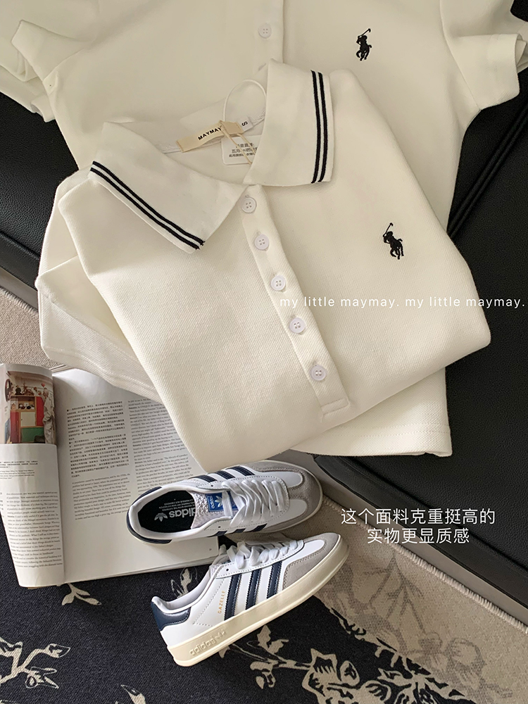 學院風刺繡POLO衫五粒扣修身正肩短袖T恤