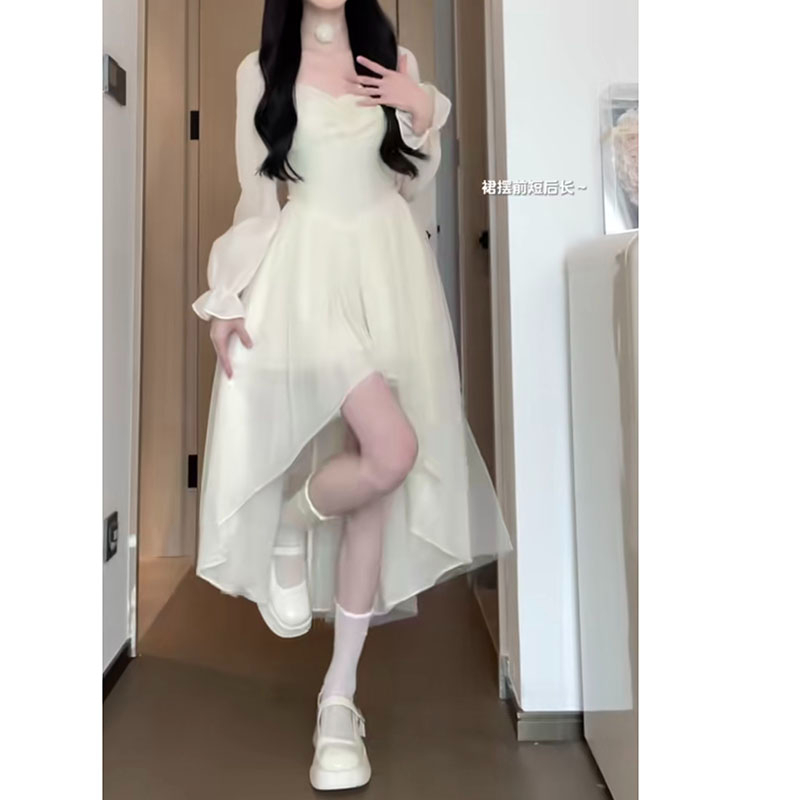法式甜美收腰清純連衣裙女春小個子網紗仙氣飄飄的仙女裙